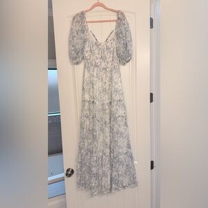 Worth Collective Daphne High Slit Eyelet Detail Maxi Dress in Blue/White Floral